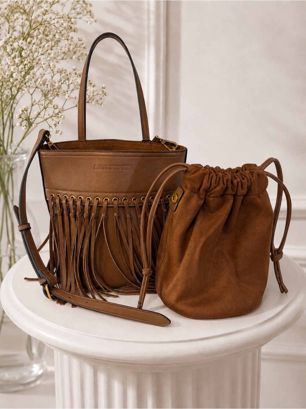 Steve Madden Brown Leather Fringe Shoulder Bag with Suede Drawstring Pouch